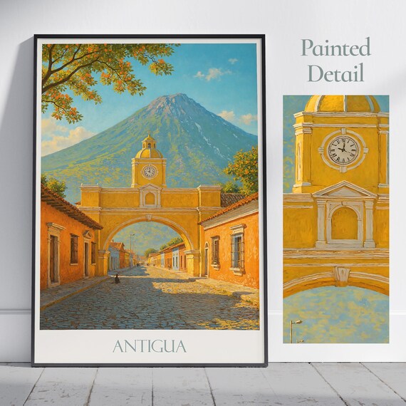 Antigua Guatemala Santa Catalina Arch Volcano Cobblestone Travel Poster