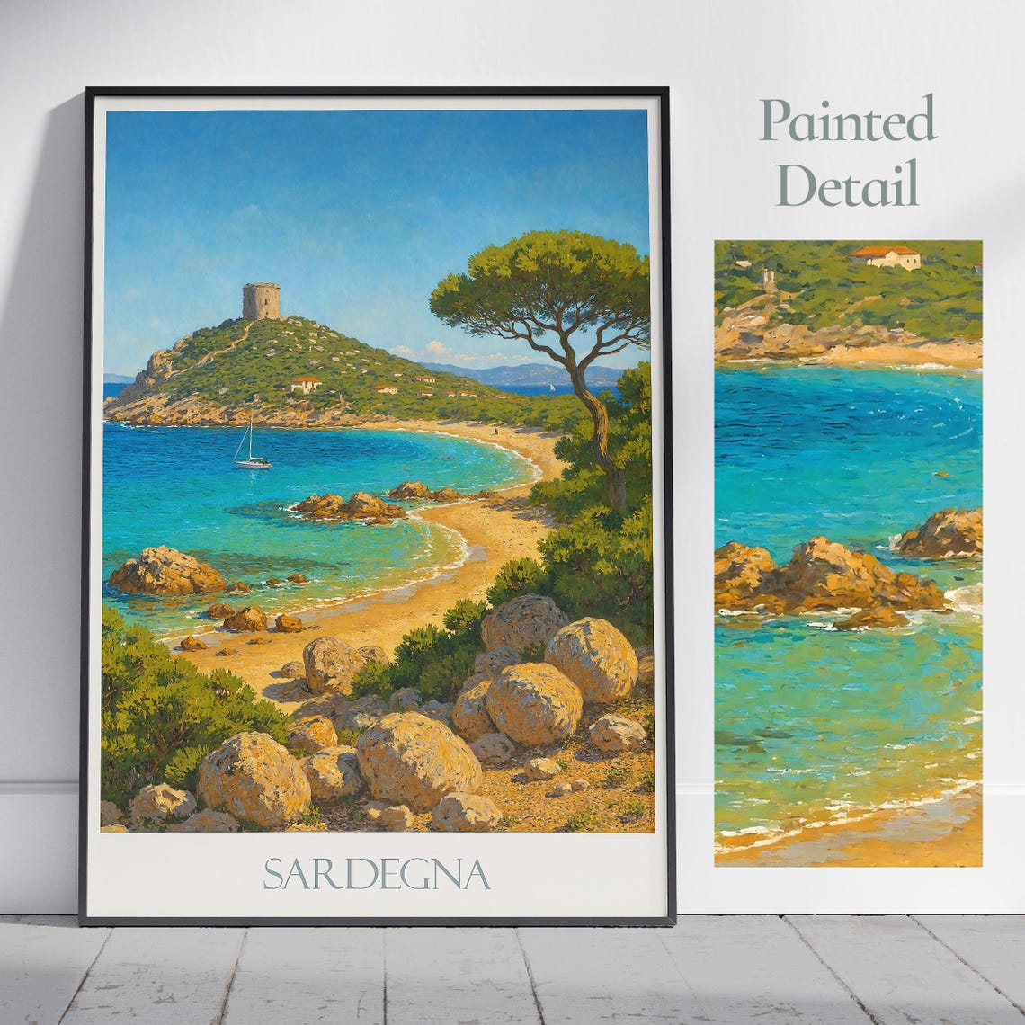 Sardegna Italy Beach Cove Tower Turquoise Water Painted Travel Poster