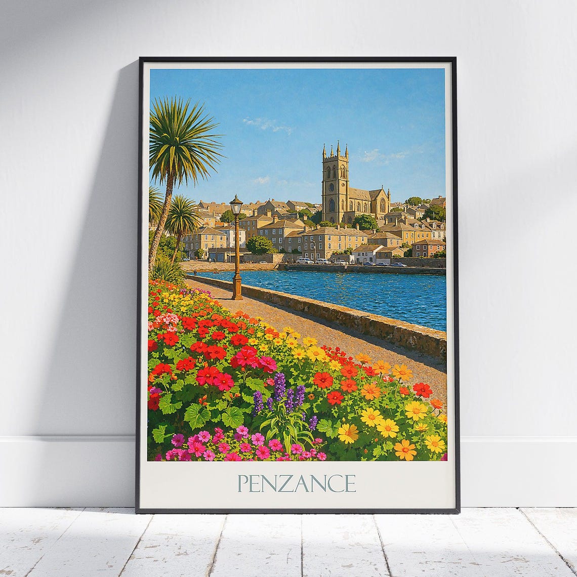 Penzance Harbor Promenade Flowers Cornwall Vintage Travel Poster