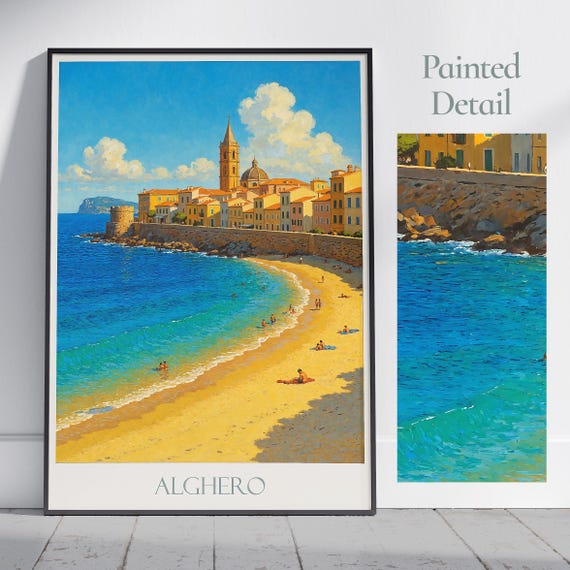 Alghero Travel Poster Sardinia Italy Beach Wall Art Print Vibrant Coastal Cityscape Framed Personalized Vacation Gift