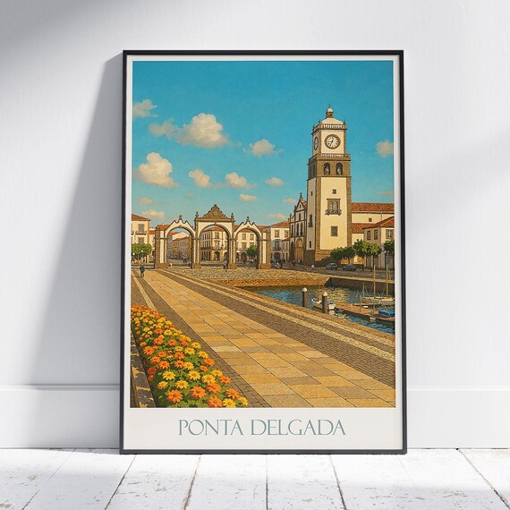 Ponta Delgada Azores Portugal Vintage Harbor Cityscape Travel Poster