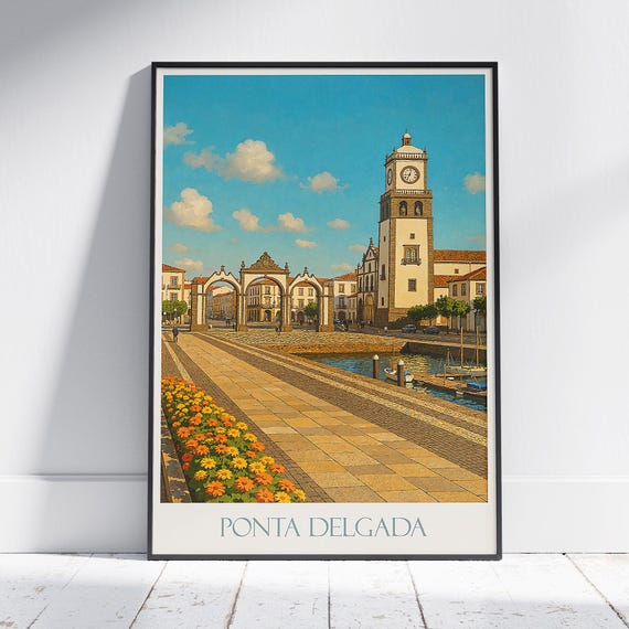 Ponta Delgada Travel Poster Azores Portugal Art Print Vintage Cityscape Illustration Portas Da Cidade Wall Decor