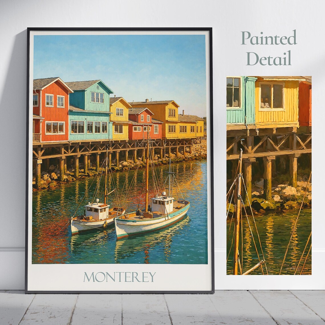 Monterey Cannery Row Colorful Pier Fishing Boats Painted Poster