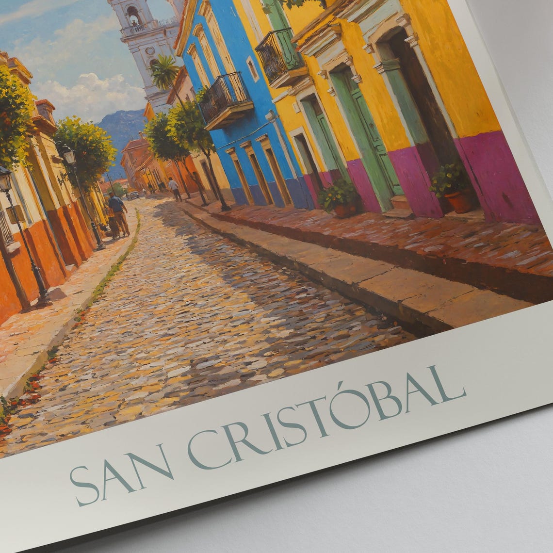 San Cristobal Mexico Painted Colonial Street And Church Tower Poster - Image 3