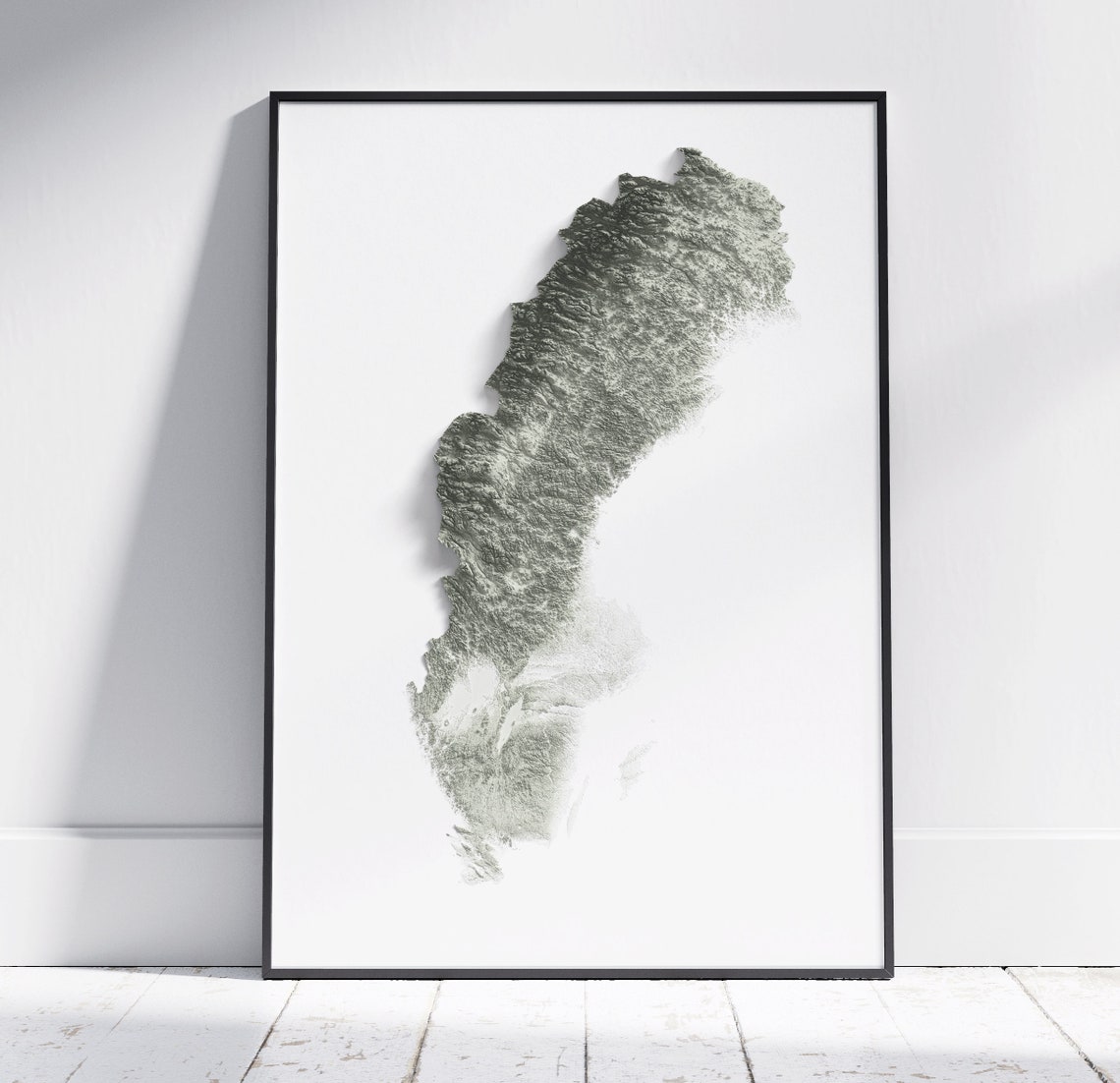 Sweden Topographic Relief Map Minimalist Green Terrain Wall Art
