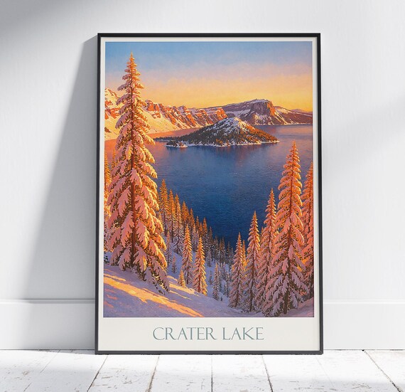 Crater Lake Winter Snowfall Pines National Park Travel Poster