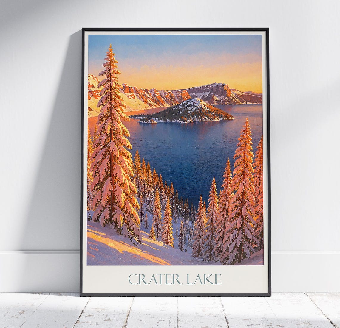 Crater Lake Winter Snowfall Pines National Park Travel Poster