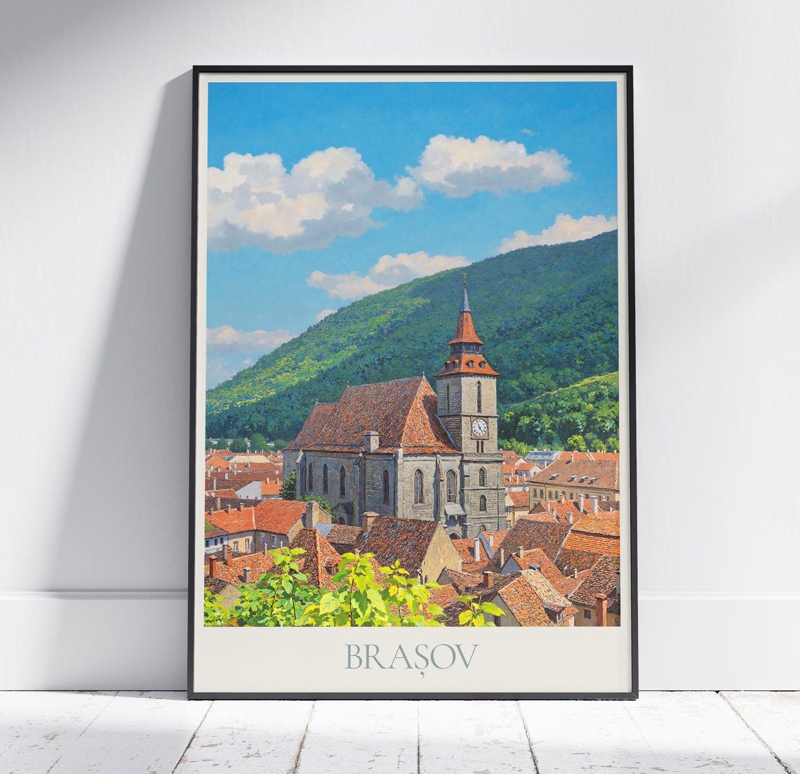 Brasov Romania Black Church and Red Rooftops Travel Poster Art