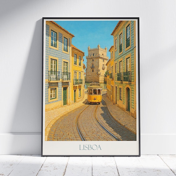 Lisboa Yellow Tram Ride Down Azulejo Tiled Street Travel Poster