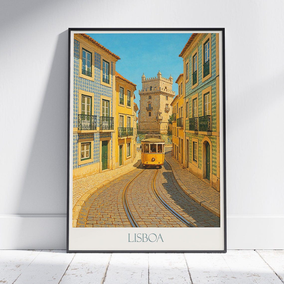 Lisboa Yellow Tram Ride Down Azulejo Tiled Street Travel Poster