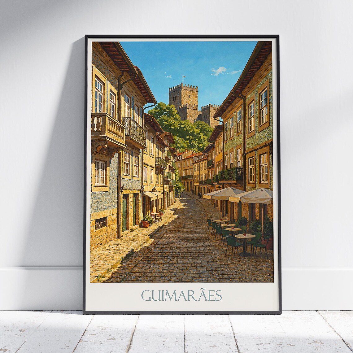 Guimaraes Portugal Cobblestone Street Castle Old Town Travel Poster