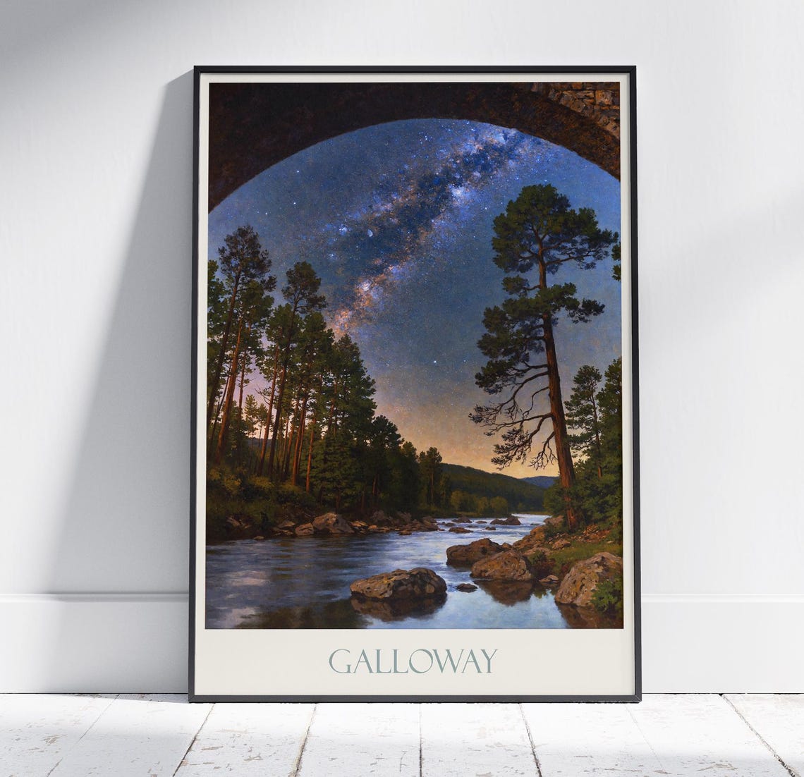 Galloway Scotland Night River Pines Milky Way Painted Poster