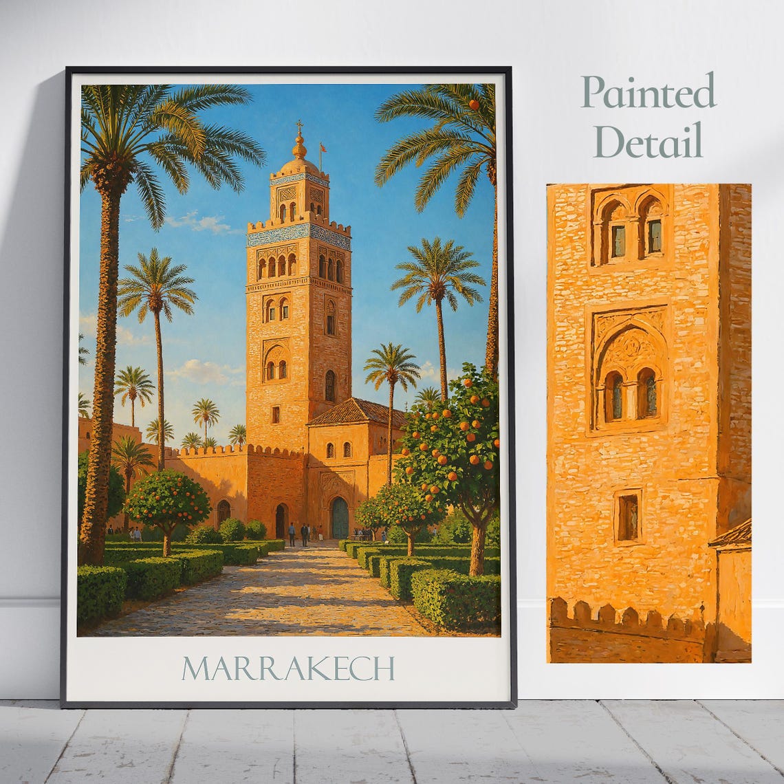 Marrakech Koutoubia Mosque Palm Gardens Painted Detail Travel Poster