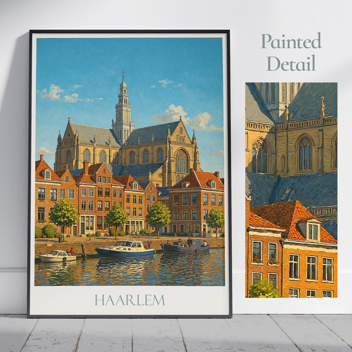 Haarlem Netherlands Harbor Church Boats Painted Travel Art Poster