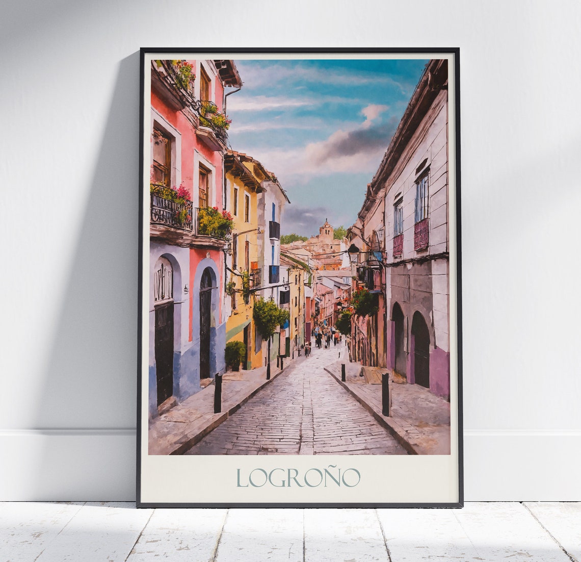 Logrono Spain Old Town Cobblestone Street Painted Travel Poster