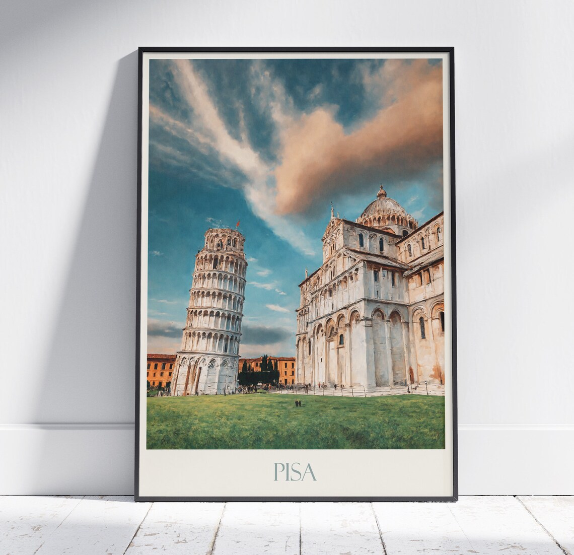 Pisa Italy Leaning Tower Cathedral Square Painted Travel Poster