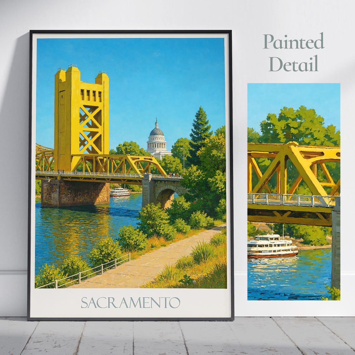 Sacramento California Golden Tower Bridge Capitol Dome Painted Poster