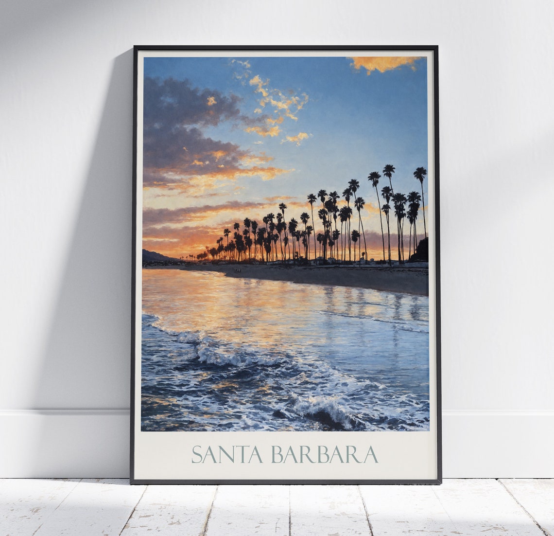 Santa Barbara Sunset Palm Silhouettes Painted Beach Evening Poster
