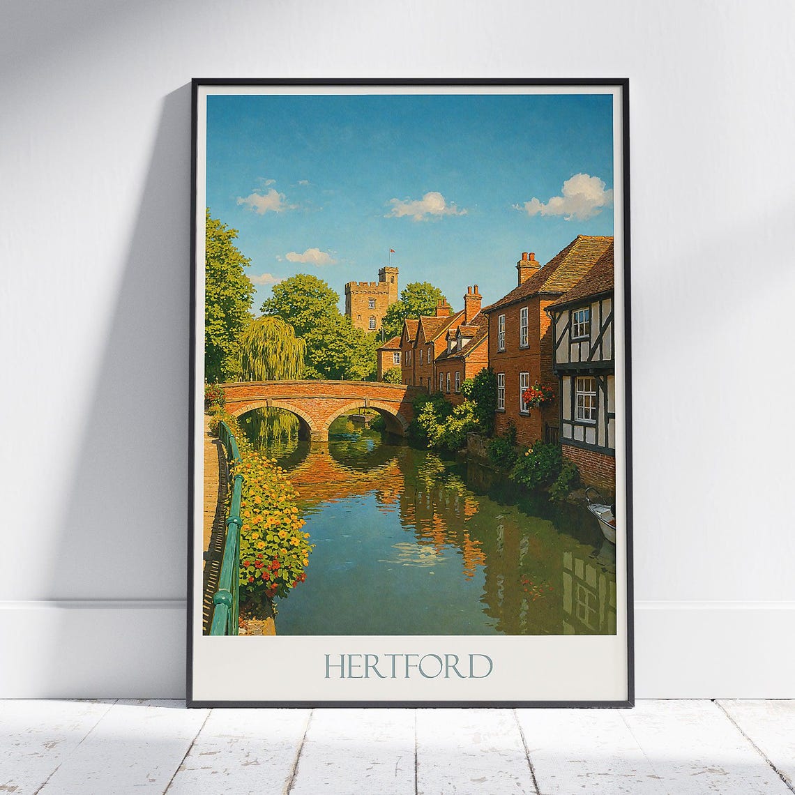 Hertford England Riverside Bridge Quaint Old Town Travel Poster