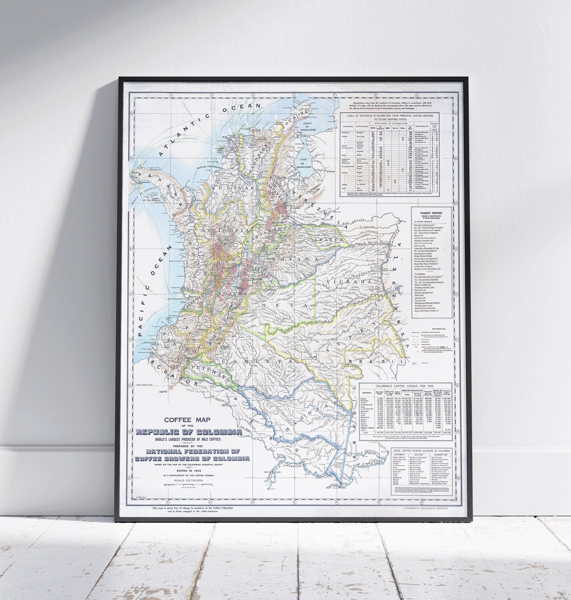 Colombia Coffee Map Vintage Print Poster Wall Art Decor