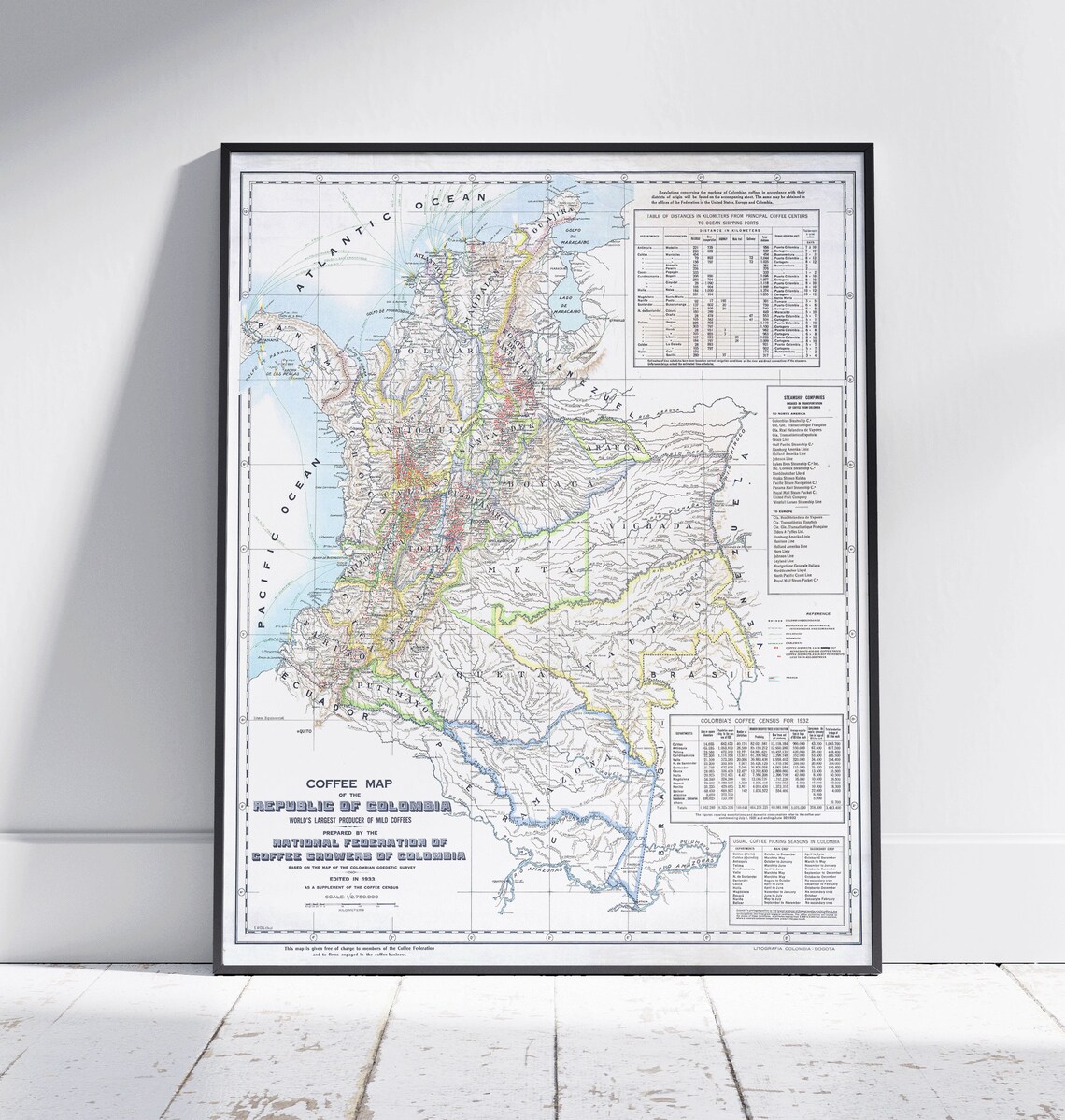 Vintage Colombia Coffee Map 1932 Federation Travel Poster Art