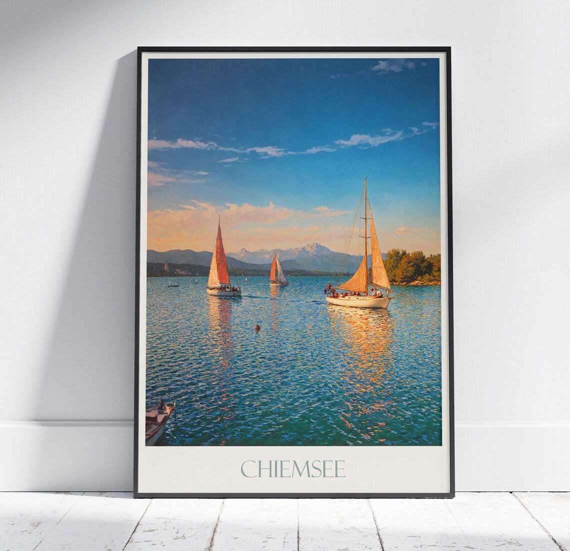 Chiemsee Sailboats Sunset Lake Mountains Golden Hour Travel Poster