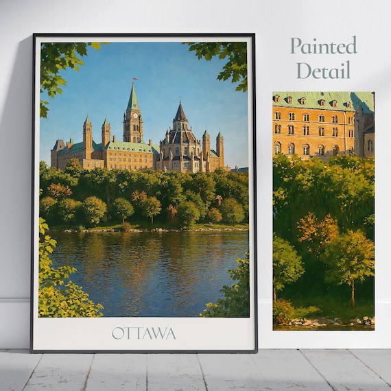 Ottawa Canada Painted Travel Poster Parliament Hill River View