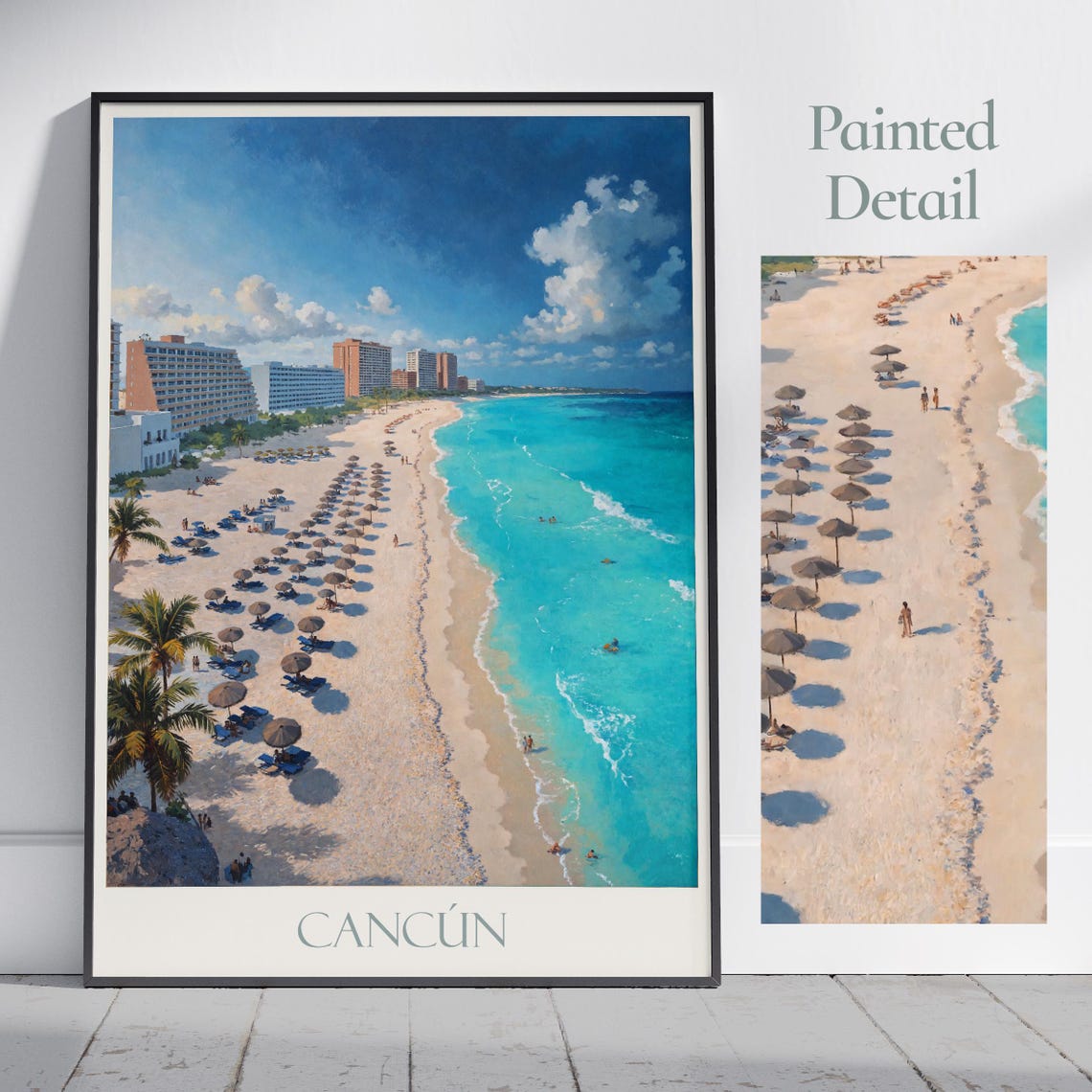 Cancún Mexico Beach Resort Turquoise Sea Umbrellas Painted Poster