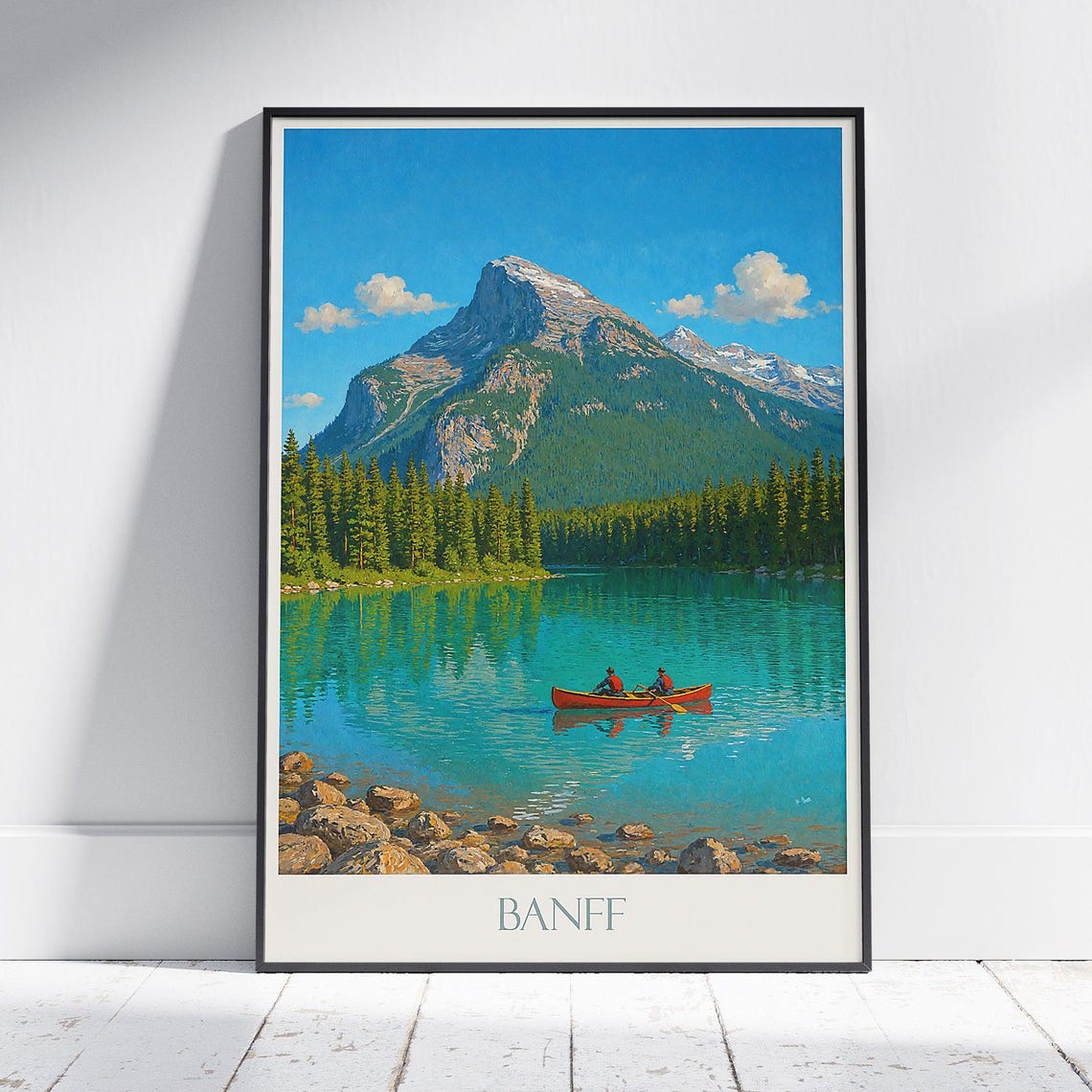 Banff Canada Travel Poster with Red Canoe on a Turquoise Mountain Lake