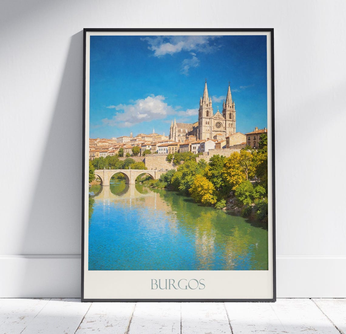 Burgos Spain Gothic Cathedral River Bridge Painted Travel Poster