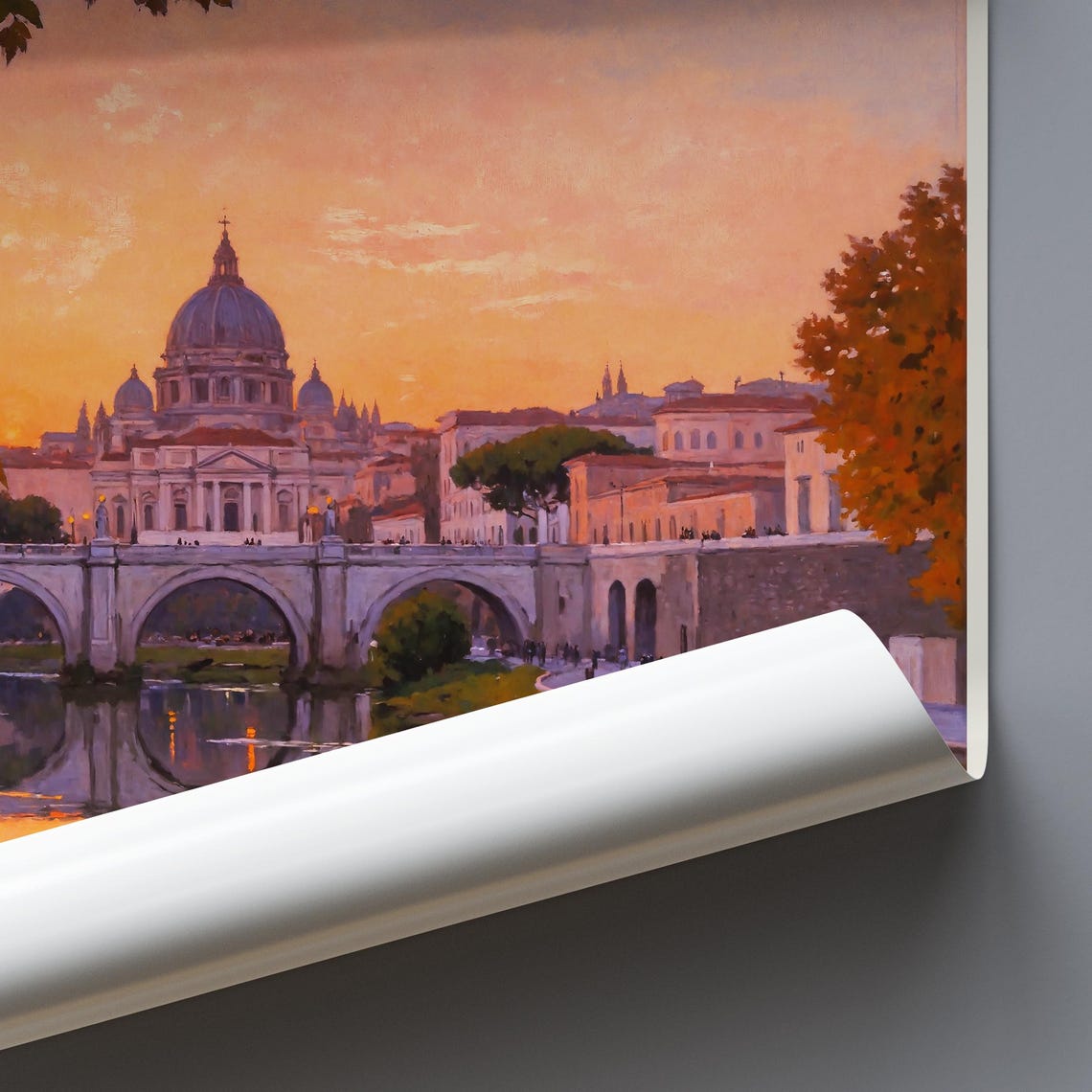 Roma Italy St Peters Basilica Painted Travel Poster Sunset Tiber - Image 3