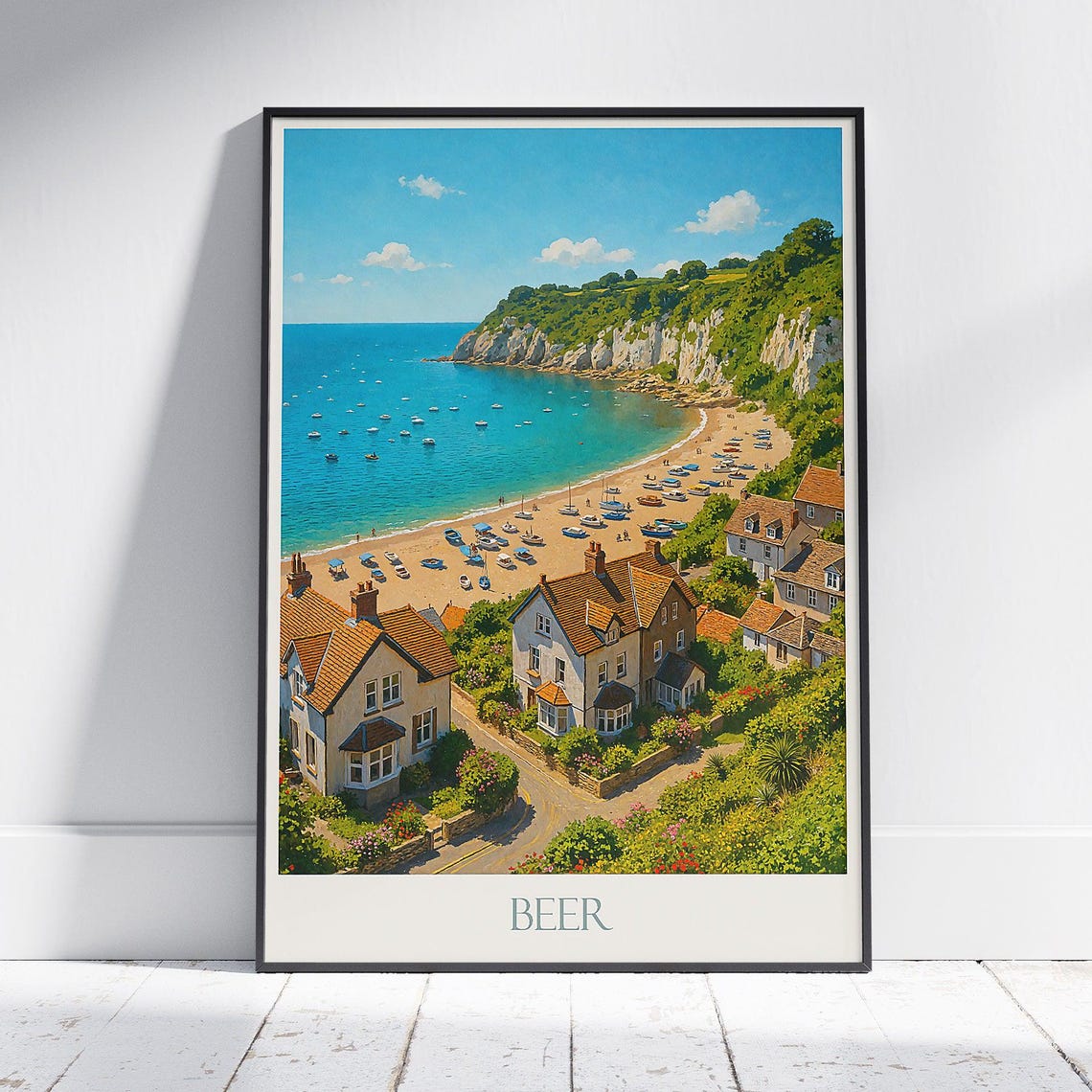 Beer Village Seaside Cove with Boats and Cliffs Devon Travel Poster