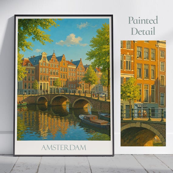 Amsterdam Travel Poster Netherlands Canal Print Iconic Cityscape Wall Art Vintage Home Decor Gift