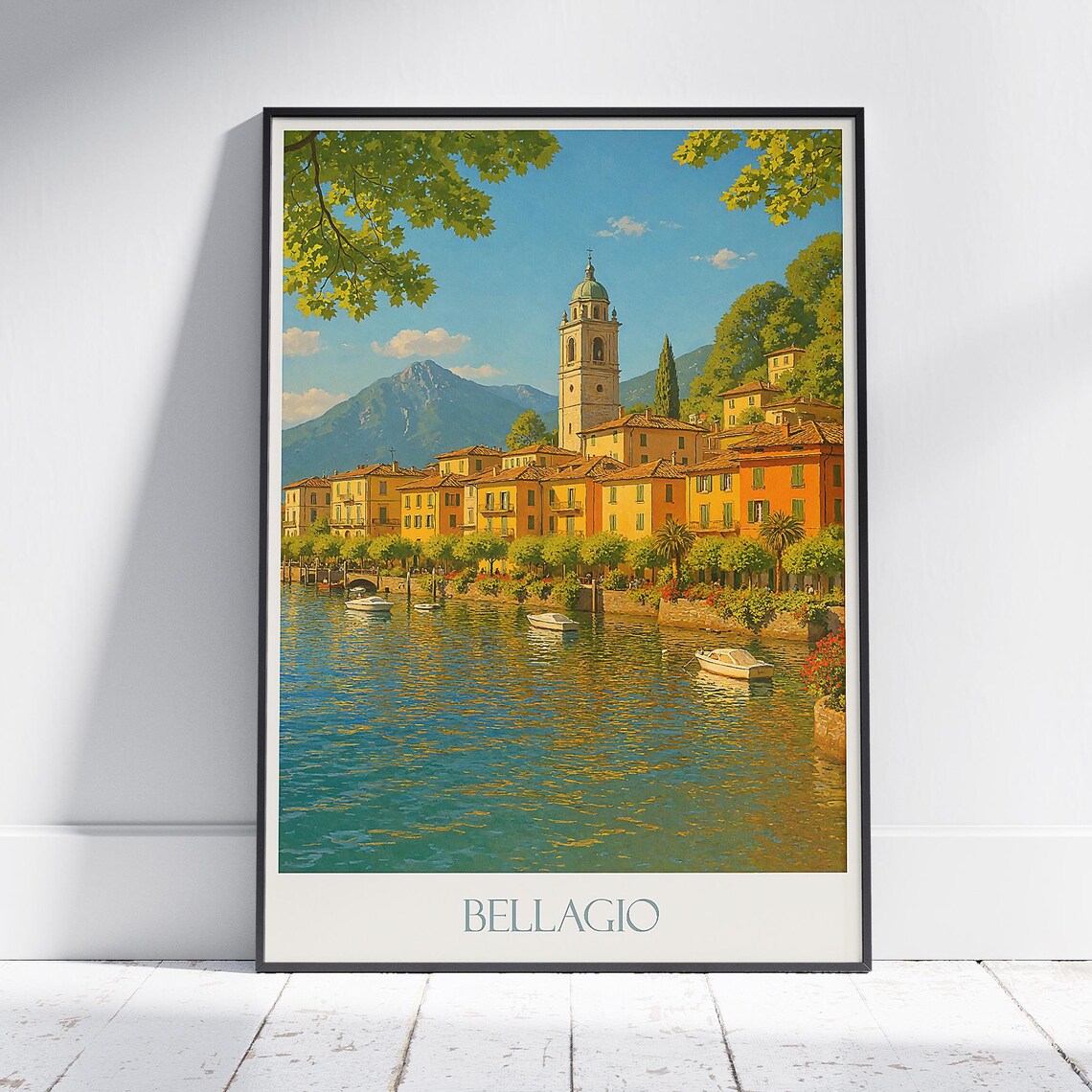 Bellagio Lake Como Italy Bell Tower Waterfront Scene Art Poster