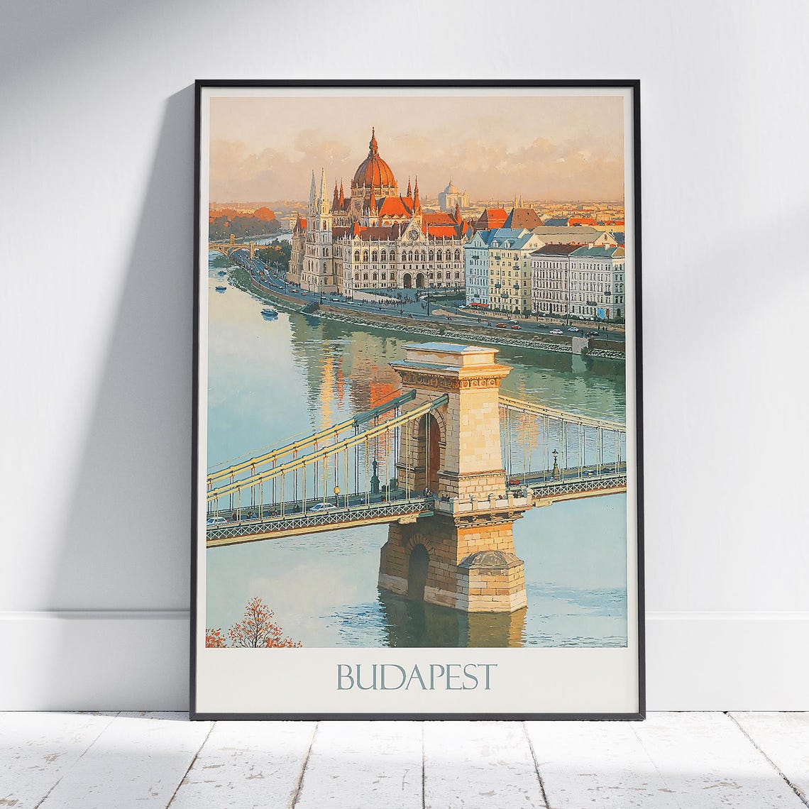 Budapest Travel Poster Chain Bridge & Parliament Painted City Artwork