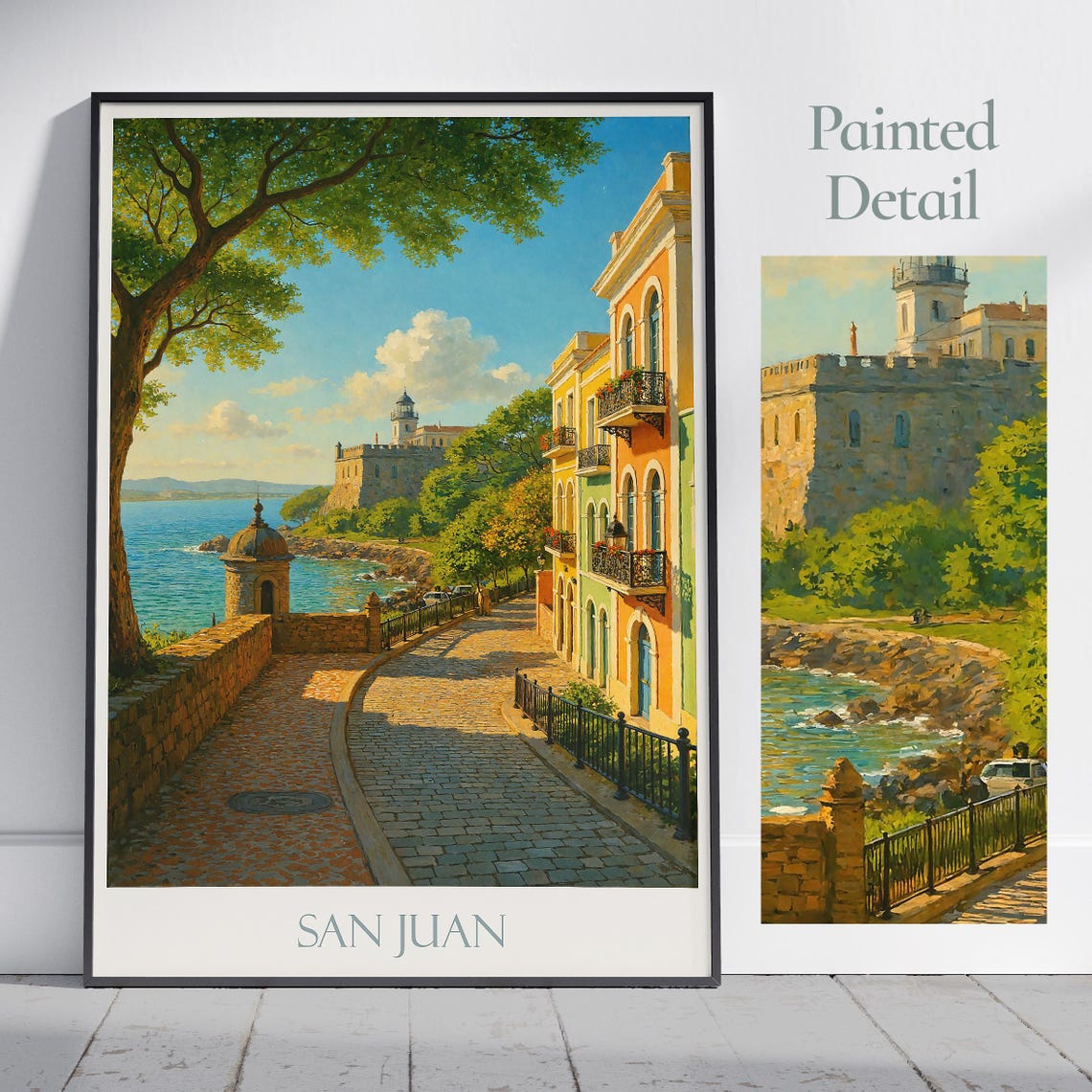 San Juan Caribbean Old Town Cobblestone Street Travel Poster