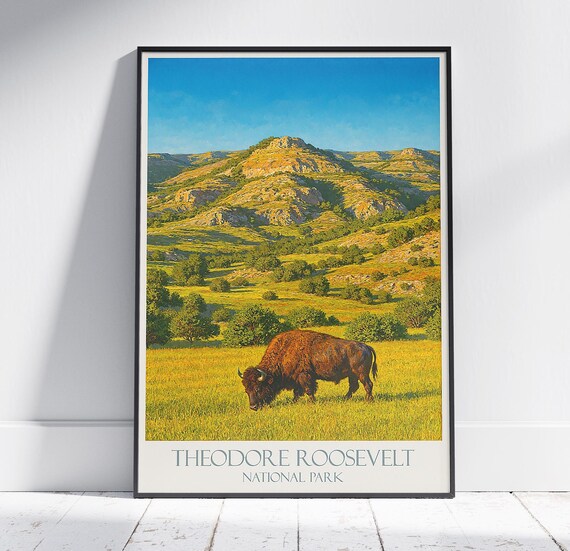 Theodore Roosevelt National Park Bison On Prairie Vintage Poster Art