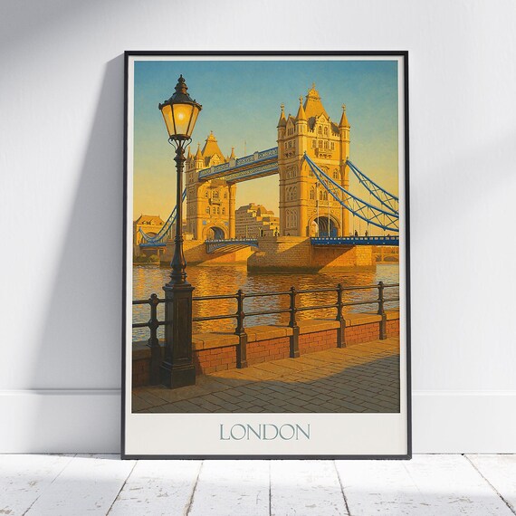 Tower Bridge London Golden Sunset Riverside Lamppost Travel Poster