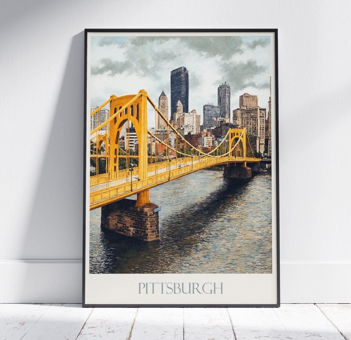 Pittsburgh Golden Yellow Bridge Painted River City Skyline Poster