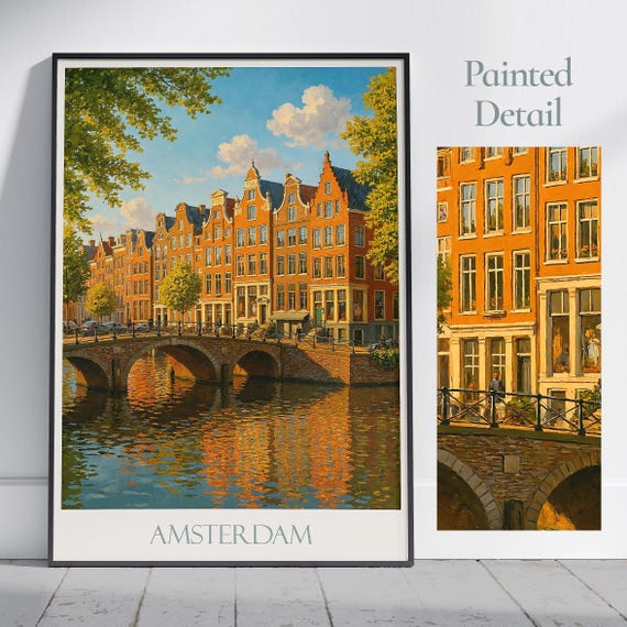 Amsterdam Travel Poster Netherlands Canal House Print Vibrant Cityscape Wall Art European Vacation Home Decor Gift