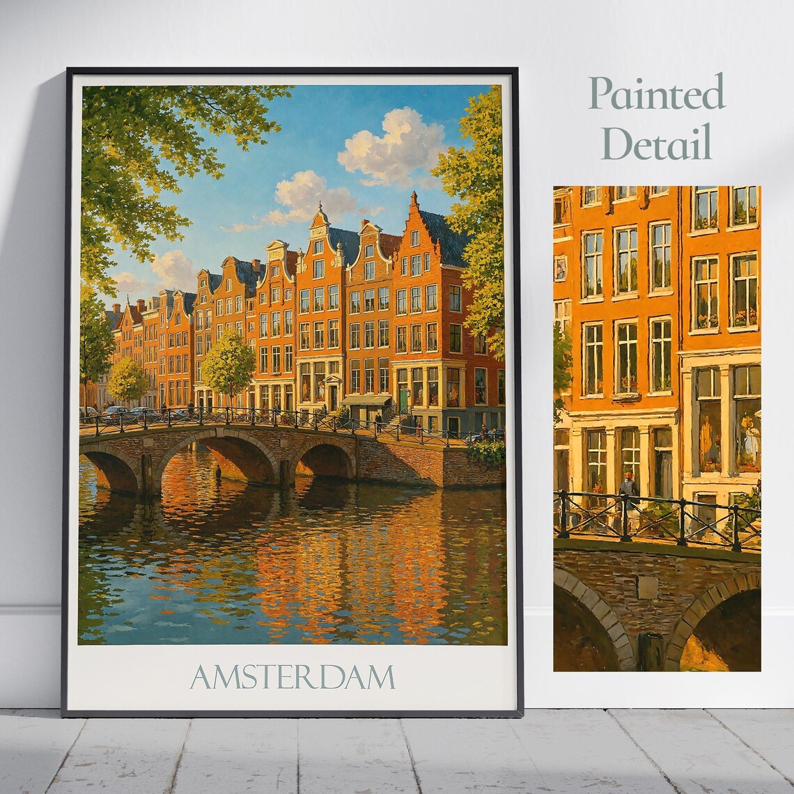 Amsterdam Canal Bridge Brick Houses Reflections City Travel Poster
