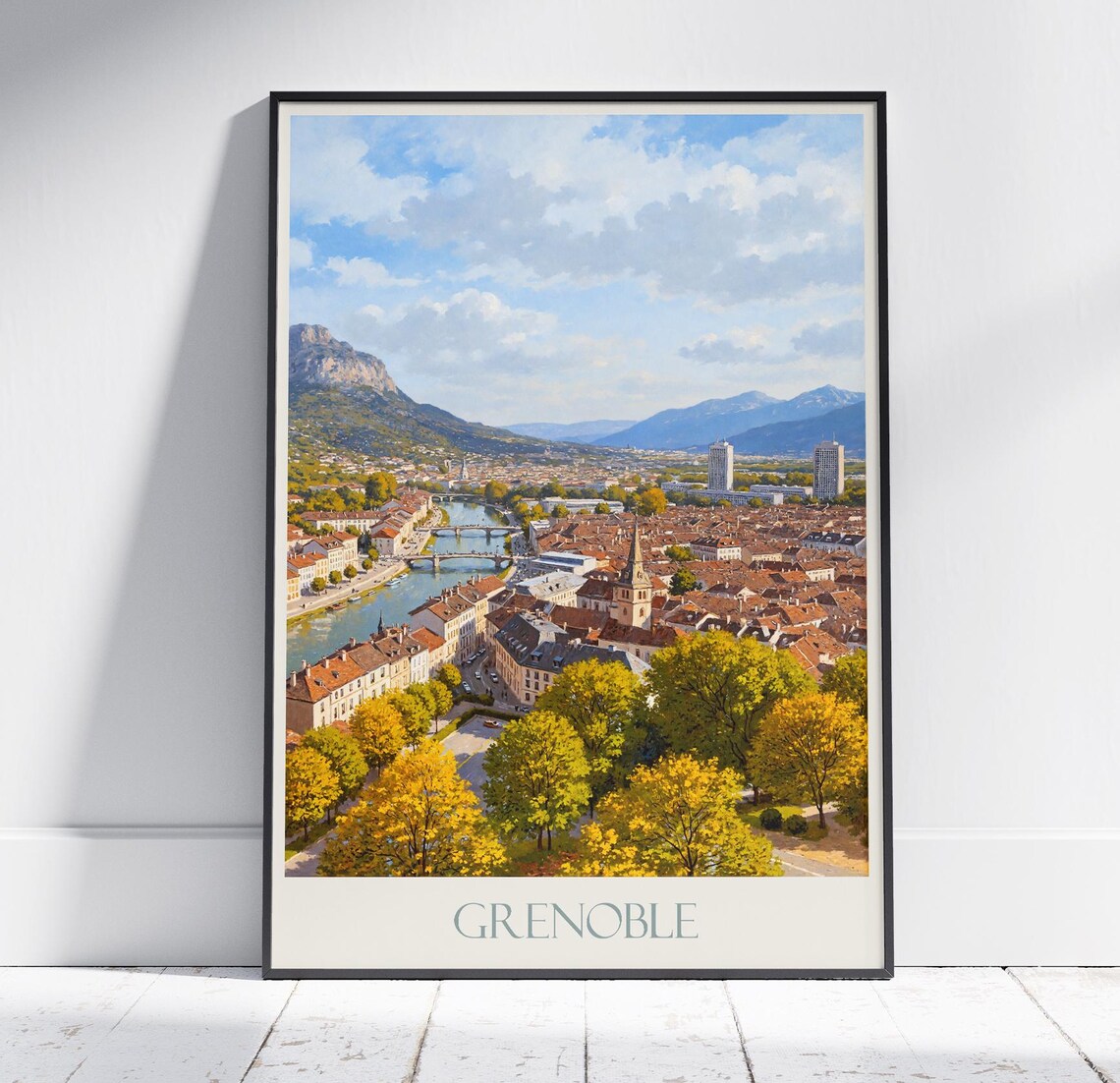 Grenoble France Painted Aerial City View With River And Alps Poster