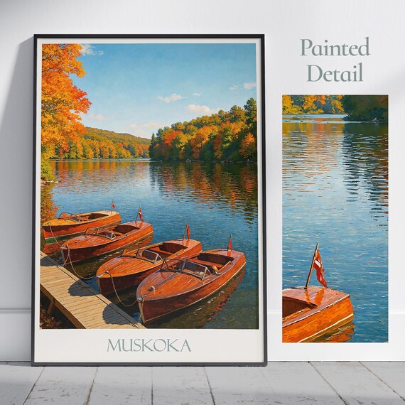 Muskoka Autumn Lake Classic Wooden Boats Vintage Travel Poster