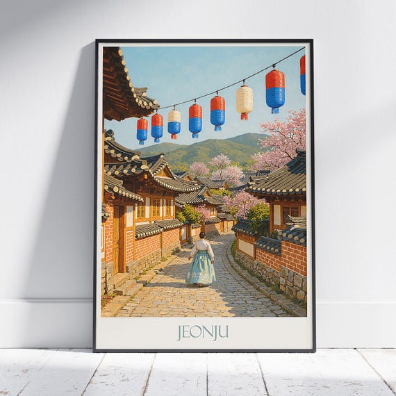 Jeonju Hanok Village Travel Poster South Korea Traditional Art Print Cherry Blossom Home Decor Hanbok Wall Gift