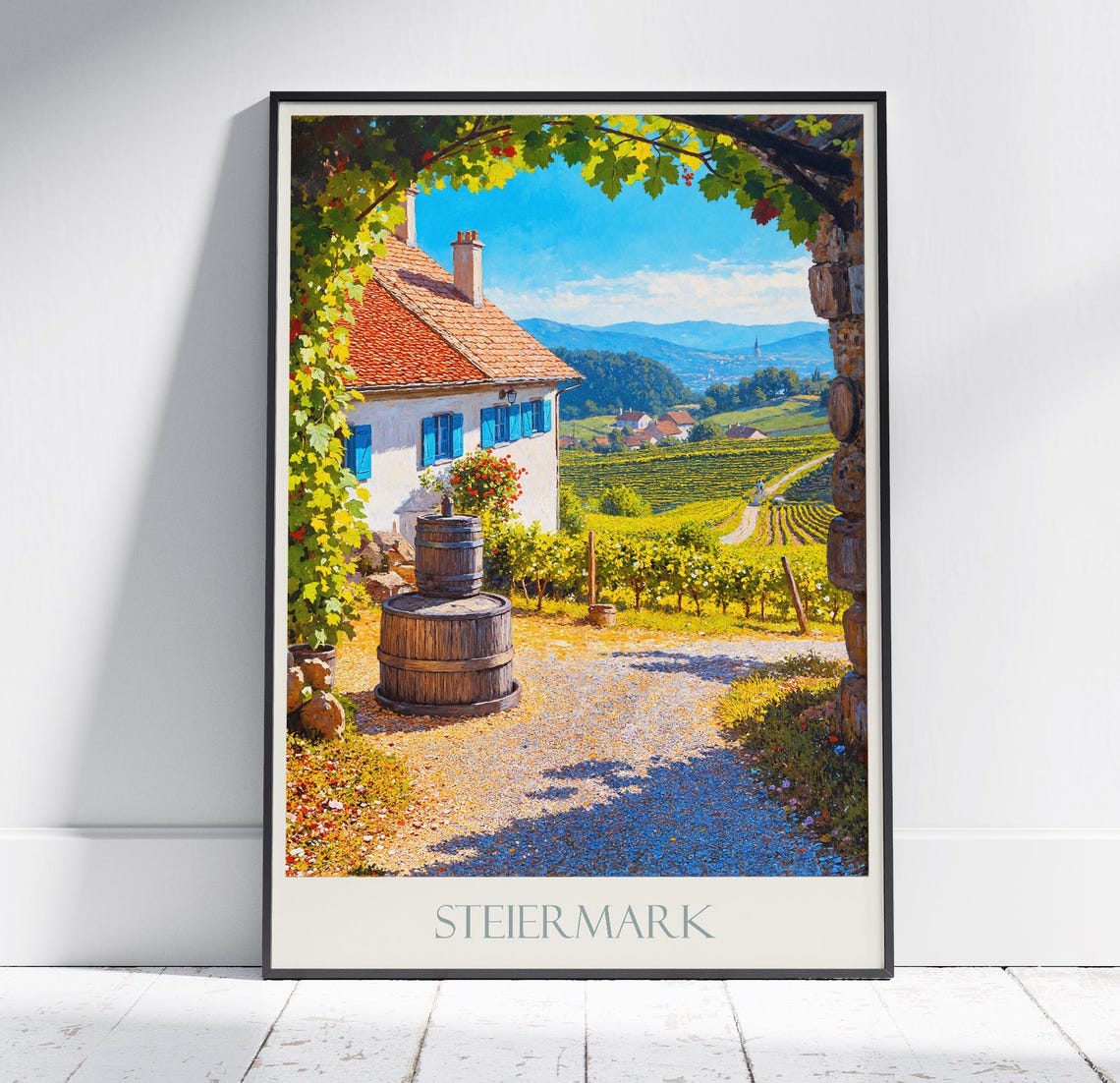 Steiermark Austria Vineyard Cottage Wine Barrels Painted Travel Poster
