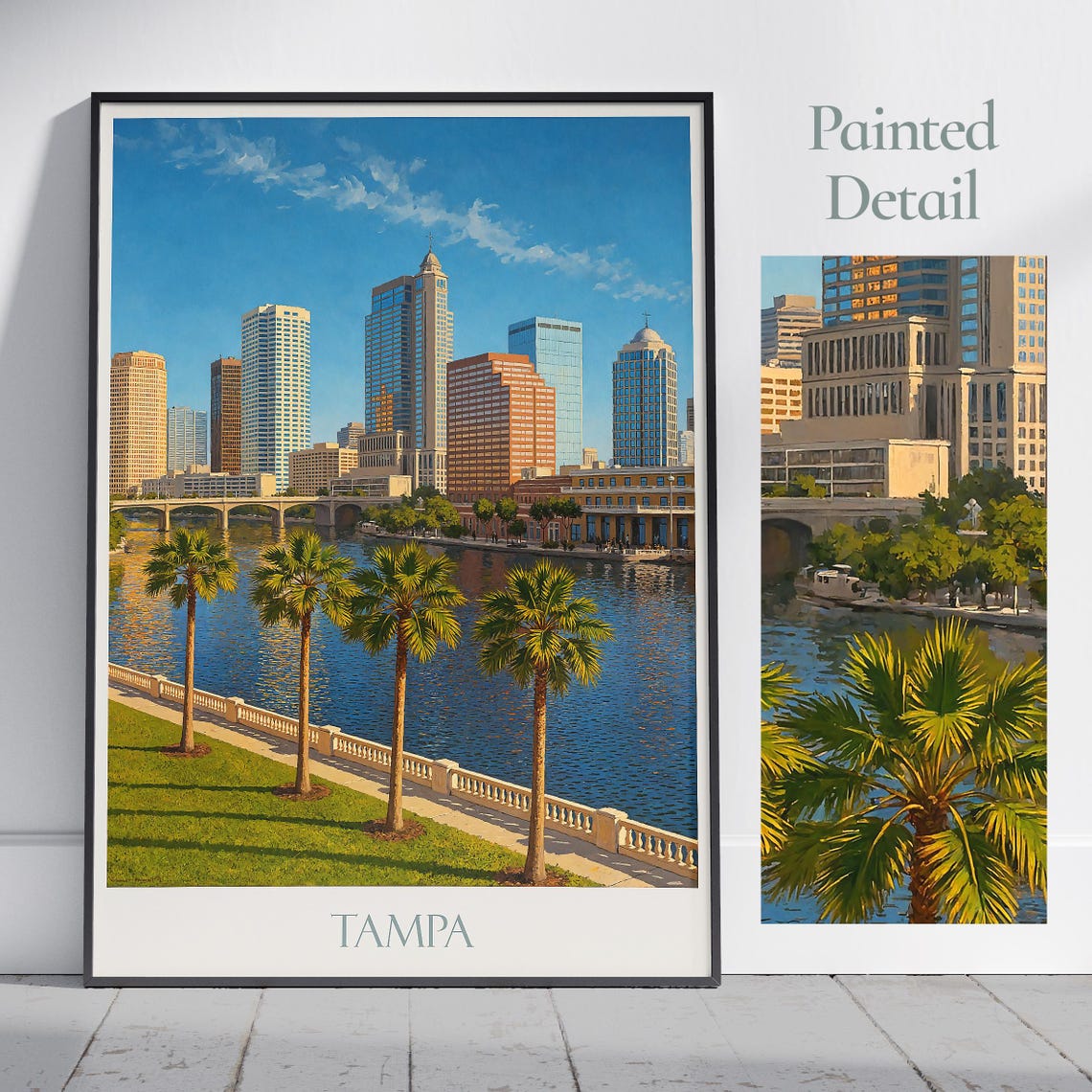 Tampa Florida Downtown Skyline River Bridge Palm Painted Poster