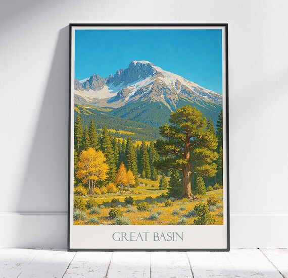 Great Basin Wheeler Peak Autumn Aspen Snowcap Vintage Travel Poster