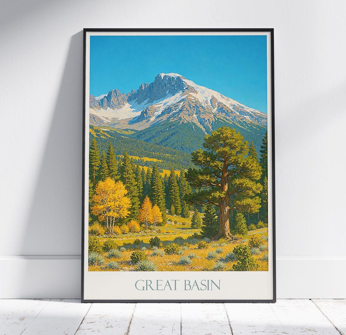 Great Basin Wheeler Peak Autumn Aspen Snowcap Vintage Travel Poster
