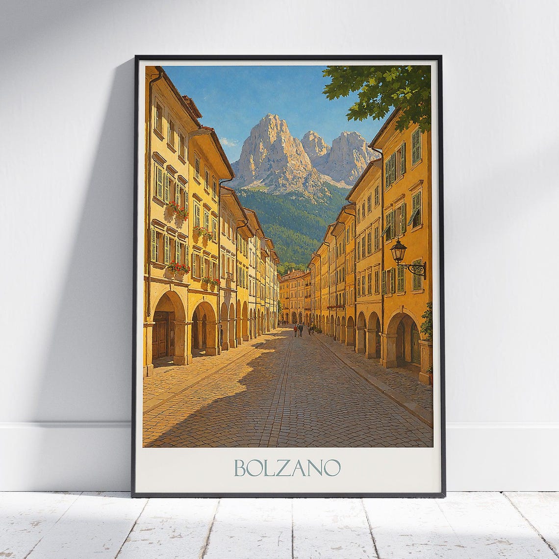 Bolzano Italy Travel Poster Arcaded Old Town Street Dolomites View Art
