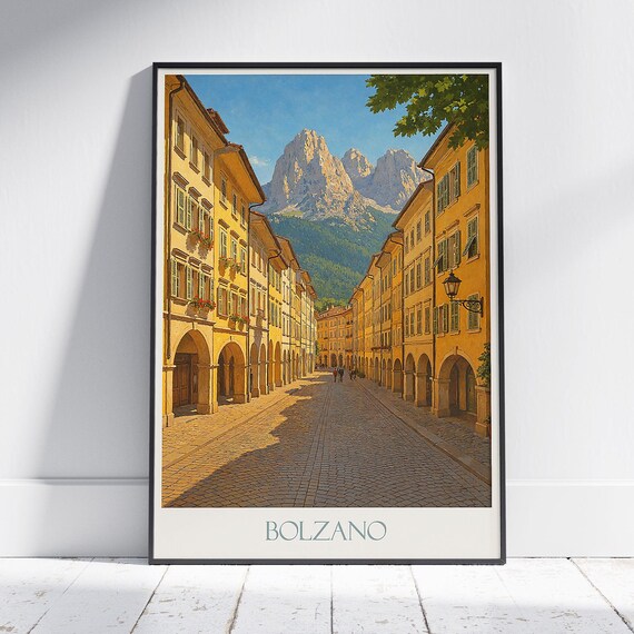 Bolzano Italy Travel Poster Arcaded Old Town Street Dolomites View Art
